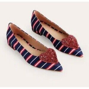 Boden Heart Sequin Pointed Toe Flats Red Blue Striped Fabric US 12 New in Box